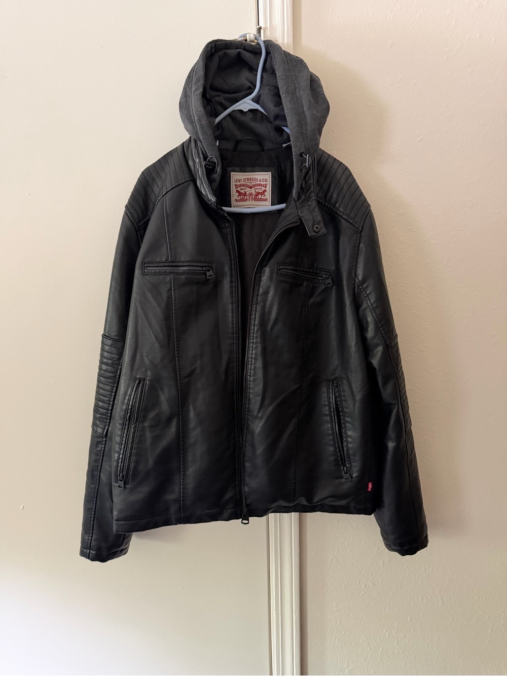 Levi's Black Faux Leather Bomber Jacket with Gray Hood